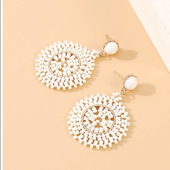 Cream & Gold Beaded Round Drop Earrings - Picture 3 of 7